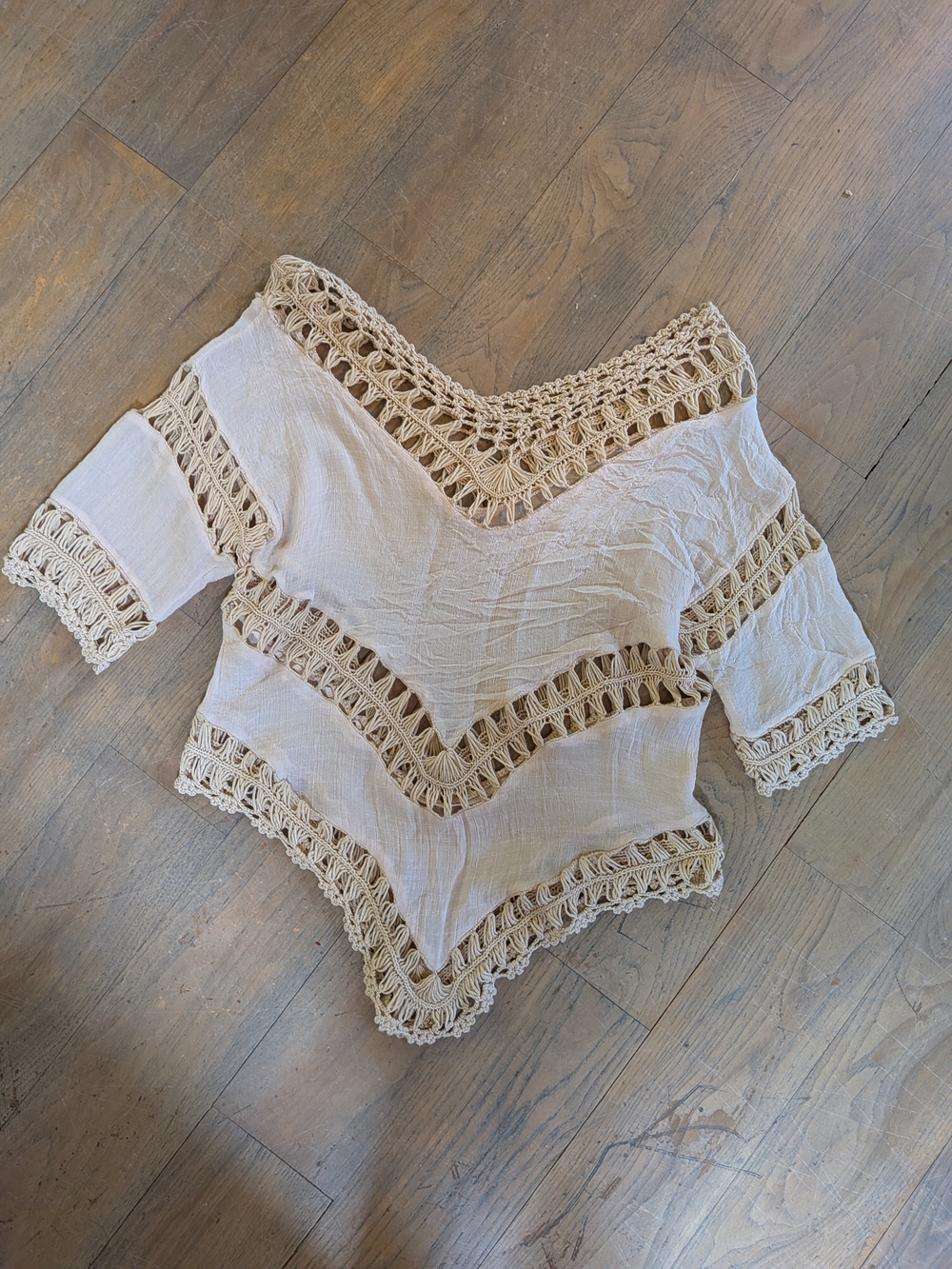 ✨5 For $25 Boho Crochet Trim Cream Tunic Top - Picture 4 of 4